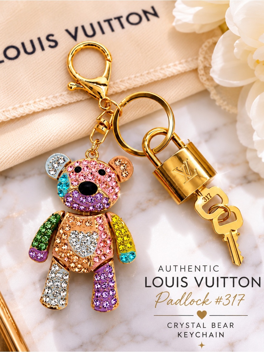 Authentic Louis Vuitton Padlock 2 Keys|Unbranded Crystal Bear Bag Charm Keychain